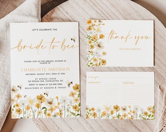 Bride to Bee Bridal Shower Invitation Set Template, Wildflower Bridal Shower Invitation, Floral Bridal Shower, Thank You, Recipe Card | BEE