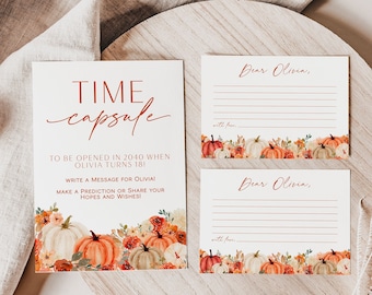 Little Pumpkin Time Capsule Template, Time Capsule Baby Shower Games, Fall First Birthday Party, Pumpkin First Birthday Time Capsule | DORA