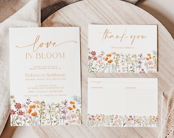 Wildflower Bridal Shower Invitation Set Template, Boho Bridal Shower Invitation, Love in Bloom Bridal Shower, Thank You, Recipe Card |JULIA