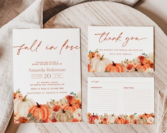 Fall in Love Bridal Shower Invitation Set Template, Boho Fall Bridal Shower Invitation, Autumn Bridal Shower, Thank You, Recipe Card | DORA