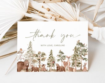 Woodland Thank You Card Template, Woodland Animals Baby Shower Thank You Card, Forest Mountain Thank You Cards, Tented Thank You | WOOD