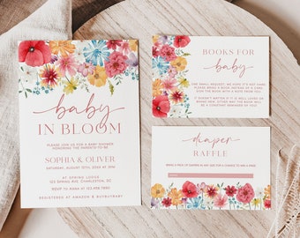 Baby in Bloom Baby Shower Invitation Set Template, Spring Flowers Baby Shower Invite, Girl Baby Shower, Wildflower Baby Shower Bundle |SOFIA