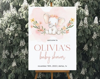 Pink Elephant Baby Shower Welcome Sign Template (Digital Download)