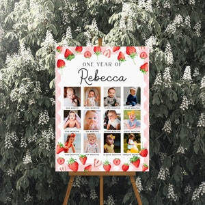 Modelo de placa de foto de primeiro aniversário de Berry, marco de foto de primeiro aniversário de morango, placa de colagem de fotos de primeiro aniversário de morango de menina | BAGA