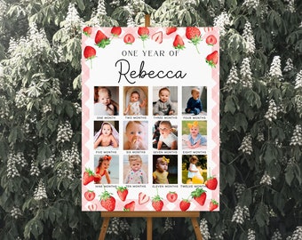 Berry First Birthday Photo Sign Template, Strawberry 1st Birthday Photo Milestone, Girl Strawberry First Birthday Photo Collage Sign | BERRY