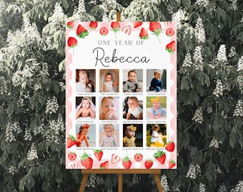Beere Erster Geburtstag Foto Schild Vorlage, Erdbeer 1. Geburtstag Foto Meilenstein, Mädchen Erdbeer Erster Geburtstag Foto Collage Zeichen | BEERE