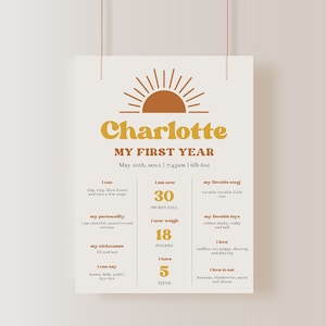 Modèle de tableau d'étape du premier anniversaire du soleil, 1er voyage autour du soleil, affiche de l'étape du bébé, affiche de l'étape du 1er anniversaire du soleil | ENSOLEILLÉ