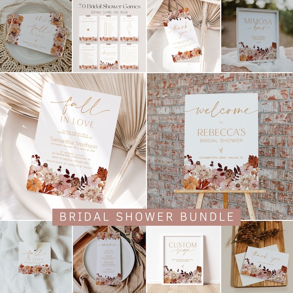 Fall Bridal Shower Invitation Bundle, Fall in Love Bridal Shower Invitation and Games Bundle, Boho Fall Pumpkin Bridal Shower Games | FALL