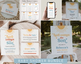 Here Comes the Son Baby Shower Bundle Template, Sun Baby Shower Invitation Bundle, Sunshine Baby Shower Decorations, Boho Sun Shower | SON