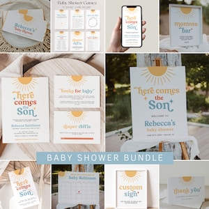 Here Comes the Son Baby Shower Bundle Template, Sun Baby Shower Invitation Bundle, Sunshine Baby Shower Decorations, Boho Sun Shower | SON