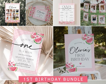 Watermelon First Birthday Invitation Bundle, One in a Melon 1st Birthday Invitation Template, Girl 1st Birthday Decorations Summer | MELON