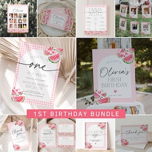 Watermelon First Birthday Invitation Bundle, One in a Melon 1st Birthday Invitation Template, Girl 1st Birthday Decorations Summer | MELON
