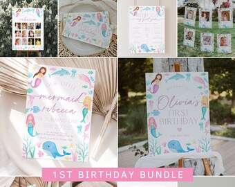 May include: A collection of mermaid-themed 1st birthday party supplies. Includes invitations, welcome signs, thank you cards, and a time capsule. Designs feature mermaids, dolphins, and aquatic elements in pastel colors. The text reads "1st Birthday Bundle".