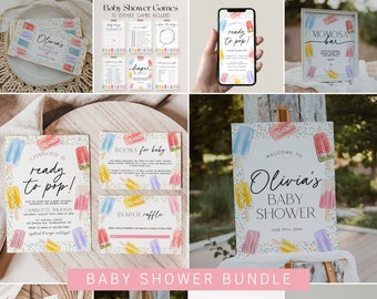 May include: A baby shower bundle with a watercolor popsicle theme. The bundle includes printable signs, games, and thank you cards. The signs feature the text "Olivia's Baby Shower" and "Welcome to Olivia's Baby Shower". The games include "Diaper Raffle" and "Books for Baby". The thank you cards feature the text "Thank you".