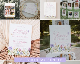 May include: A collection of floral-themed 1st birthday party supplies. Includes invitations, welcome signs, thank you cards, and a time capsule set. The designs feature pastel colors, butterflies, and floral borders. The text includes "Olivia's 1st Birthday".