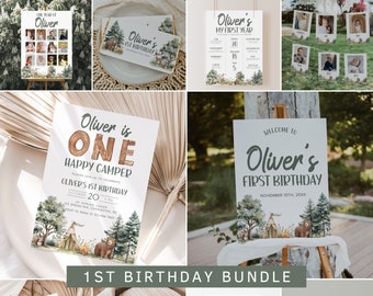One Happy Camper First Birthday Invitation Bundle, Happy Camper 1st Birthday Invitation Template, Camping 1st Birthday Decorations | CAMP