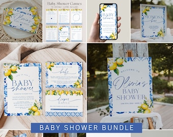 Mediterranean Lemon Baby Shower Invitation Bundle, Italian Blue Tiles Baby Shower Bundle Template, Citrus Baby Shower Decorations | GIA