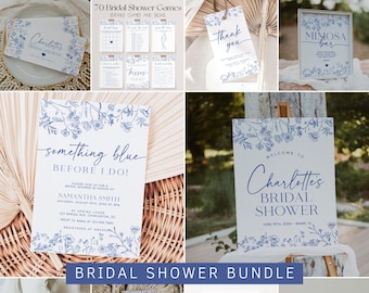 Something Blue Bridal Shower Invitation Bundle, Blue Floral Bridal Shower Invitation and Games Bundle, Chinoiserie Bridal Shower Games | LIV