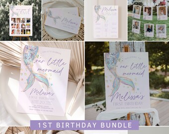 May include: A mermaid-themed first birthday party bundle with a variety of printable signs, cards, and decorations. The bundle includes a welcome sign, a thank you card, a time capsule card, a custom sign, and a photo collage sign. The signs feature a mermaid tail with iridescent scales and a purple and gold color scheme.
