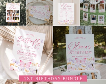 May include: A printable 1st birthday party bundle with a butterfly theme. The bundle includes a welcome sign, a photo collage, a custom sign, a time capsule, a thank you sign, and invitations. The design features watercolor butterflies in shades of pink, purple, and yellow.