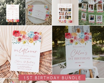 May include: A first birthday party bundle with a watercolor floral theme. The bundle includes a welcome sign, a sign for a time capsule, a custom sign, a thank you sign, a photo collage, and a first year milestone chart. The colors are pink, yellow, blue, and green.
