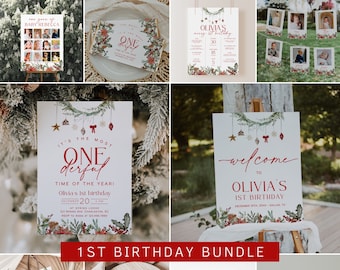 Christmas Birthday Invitation Bundle, Most Onederful Time of The Year First Birthday Invitation, Holiday 1st Birthday Decorations | HOLLY