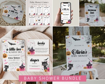 Pink A Little Boo Baby Shower Bundle Template, Spooky Halloween Baby Shower Invitation Bundle, Girl Halloween Baby Shower Decorations | PINK