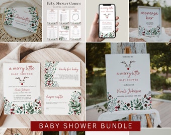 Könnte beinhalten: Ein druckbares Babyparty-Paket mit Winterthema. Das Paket beinhaltet ein Willkommens-Schild, eine Einladung, eine Windel-Tombola-Karte, eine Karte für Bücher für Babys, eine Dankeskarte und Spiele. Das Design ist in Rot- und Grüntönen gehalten und zeigt einen Rentier und florale Illustrationen.