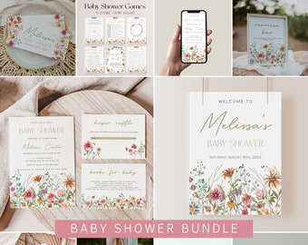 Wildflower Baby Shower Bundle Template, Boho Baby Shower Invitation Bundle, Spring Floral Shower Decorations, Garden Baby Shower | FLORA