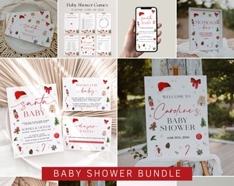 Könnte beinhalten: Eine Sammlung von Babyparty-Papeterie mit Santa-Thema. Enthält Einladungen, Spiele und Schilder. Designs zeigen Weihnachtsmützen, Lebkuchenmänner und Weihnachtsschmuck. Der Text "Santa Baby" und "Baby Shower Bundle" sind sichtbar.
