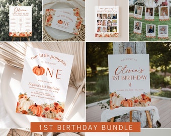 May include: A printable 1st birthday party bundle with a fall pumpkin theme. The bundle includes a welcome sign, a time capsule sign, a custom sign, a thank you sign, and a printable invitation with a pumpkin and floral design. The text on the invitation reads "our little pumpkin is turning one".