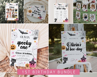 Spooky One First Birthday Invitation Bundle, Halloween 1st Birthday Invitation Template, Girl Pink Ghost 1st Birthday Decorations | PINK