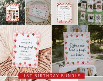 Berry First Birthday Invitation Bundle, Strawberry 1st Birthday Invitation Template, Berry Birthday Decorations, 1st Birthday Girl | BERRY
