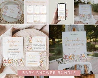 Wildflower Baby Shower Invitation Bundle, Baby in Bloom Baby Shower Bundle Template, Floral Baby Shower Invitation, Boho Shower Decor |JULIA