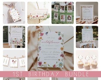 Paquete de invitaciones de primer cumpleaños con diseño de flores silvestres, decoración floral para fiestas (descarga digital)