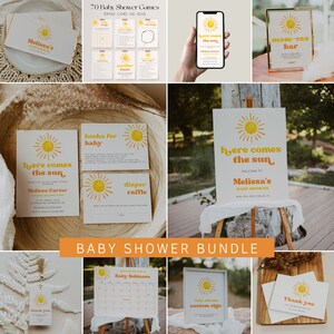 Sun Baby Shower Bundle Template, Here Comes the Sun Baby Shower Invitation Bundle, Sunshine Baby Shower Decorations, Neutral Shower | SUN