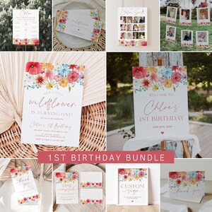 Wildflower First Birthday Invitation Bundle, Spring Floral 1st Birthday Invitation Template, Floral Girl First Birthday Decorations | SOFIA