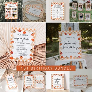 小さなカボチャの 1 歳の誕生日招待状セット、秋のカボチャの 1 歳の誕生日招待状テンプレート、秋の 1 歳の誕生日デコレーション | AMBER