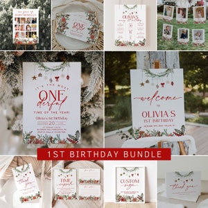 Christmas Birthday Invitation Bundle, Most Onederful Time of The Year First Birthday Invitation, Holiday 1st Birthday Decorations | HOLLY