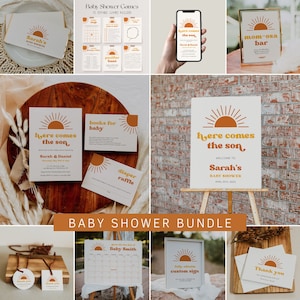 Sun Baby Shower Bundle Template, Here Comes the Son Baby Shower Invitation Bundle, Sunhine Baby Shower Decorations, Boho Sun Shower | SUNNY