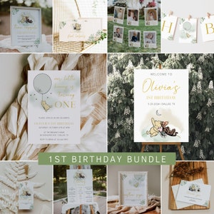 Classic Winnie the Pooh Birthday Invitation Bundle, Pooh 1st Birthday Invitation, 1st Birthday Decorations, Neutral Birthday Bundle | POOH