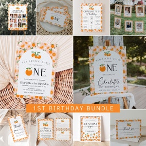 Little Cutie First Birthday Invitation Bundle, Citrus Orange 1st Birthday Invitation Template, Clementine Birthday Decorations | CUTIE