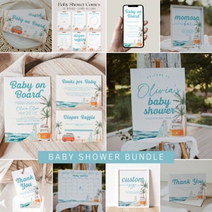 Baby on Board Baby Shower Bundle Template, Surf Beach Baby Shower Invitation Bundle, Summer Baby Shower Decorations, Surf Baby Shower |BEACH