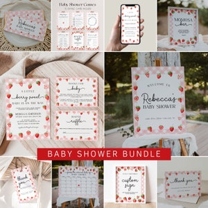 Strawberry Baby Shower Bundle Template, Berry Sweet Baby on the Way Baby Shower Invitation Bundle, Berry Baby Shower Decorations | BERRY