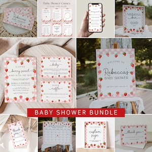 Strawberry Baby Shower Bundle Template, Berry Sweet Baby on the Way Baby Shower Invitation Bundle, Berry Baby Shower Decorations | BERRY