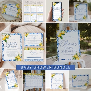 Ensemble de faire-part pour baby shower citron méditerranéen, modèle de lot de invitation pour baby shower carreaux bleus italiens, décorations pour baby shower agrumes | CIG