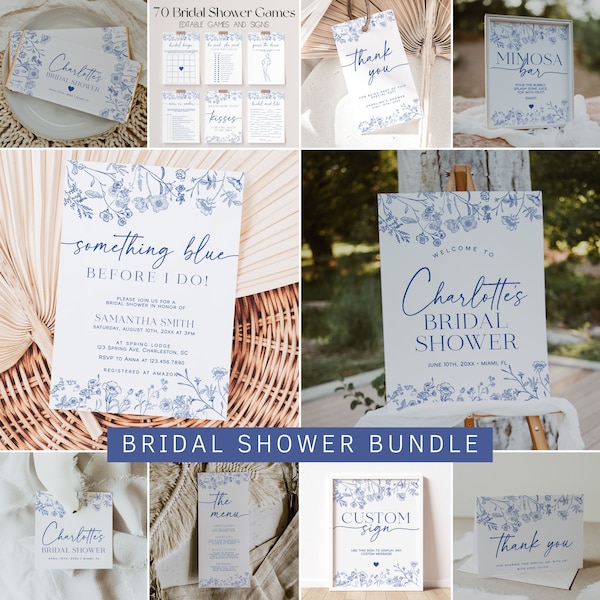 Something Blue Bridal Shower Invitation Bundle, Blue Floral Bridal Shower Invitation and Games Bundle, Chinoiserie Bridal Shower Games | LIV