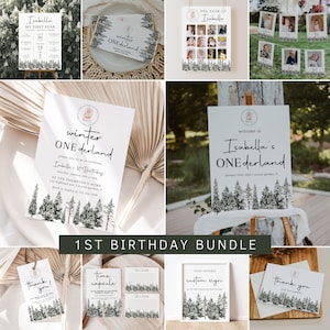 Winter Onederland Birthday Invitation Bundle, Winter 1st Birthday Invitation Template, Woodland Birthday Decorations, Neutral Birthday |LINA