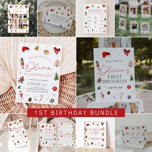 Christmas First Birthday Invitation Bundle, Oh What Fun Christmas 1st Birthday Invitation, December Winter Birthday Decorations | SANTA