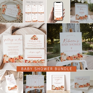 Little Pumpkin Baby Shower Bundle Template, Falling in Love Baby Shower Invitation Bundle, Fall Floral Baby Shower Decorations | DORA